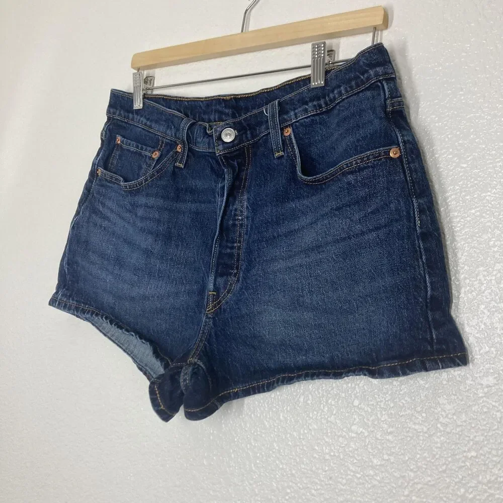 Levis 501 Shorts womens 33 Blue Denim Jean Button Fly Stretch Bermuda Casual
